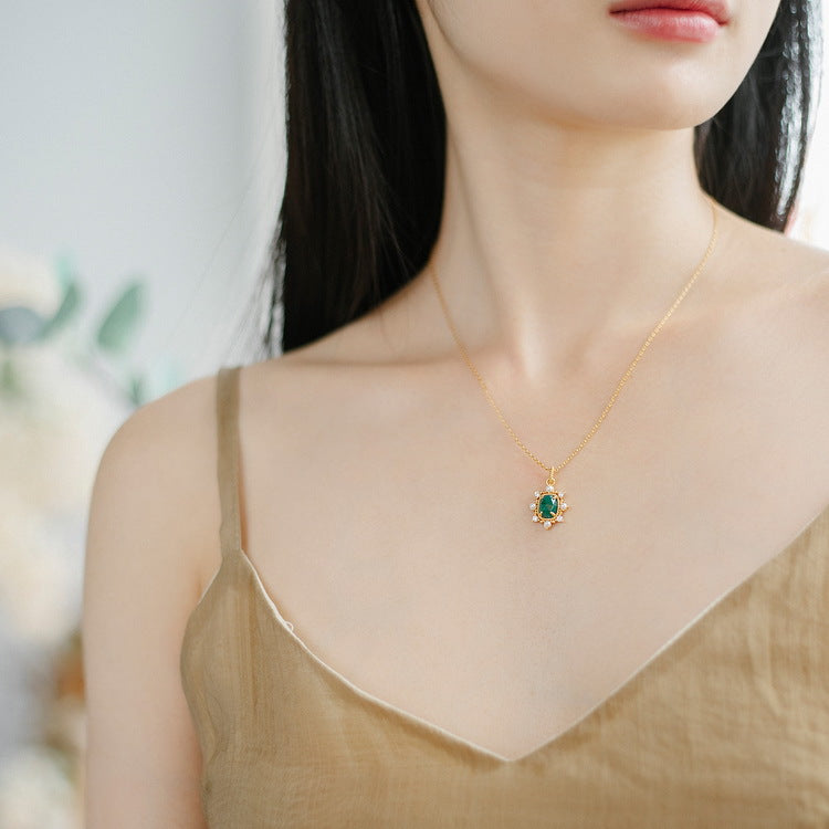 S925 Sterling Silver Jewelry Pendant Natural Green Agate Gemstone Palace Style Necklace Charms