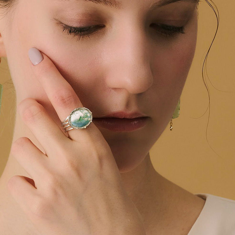 S925 Sterling Silver Jewelry Ring Natural Moss Agate Gemstone Vintage Style Simple Luxury Rings