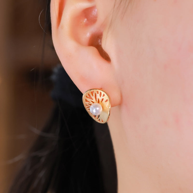 S925 Sterling Silver Jewelry Earrings Hand Made Wire Drawing Craft Silky Surface Shell Pearl Earrings