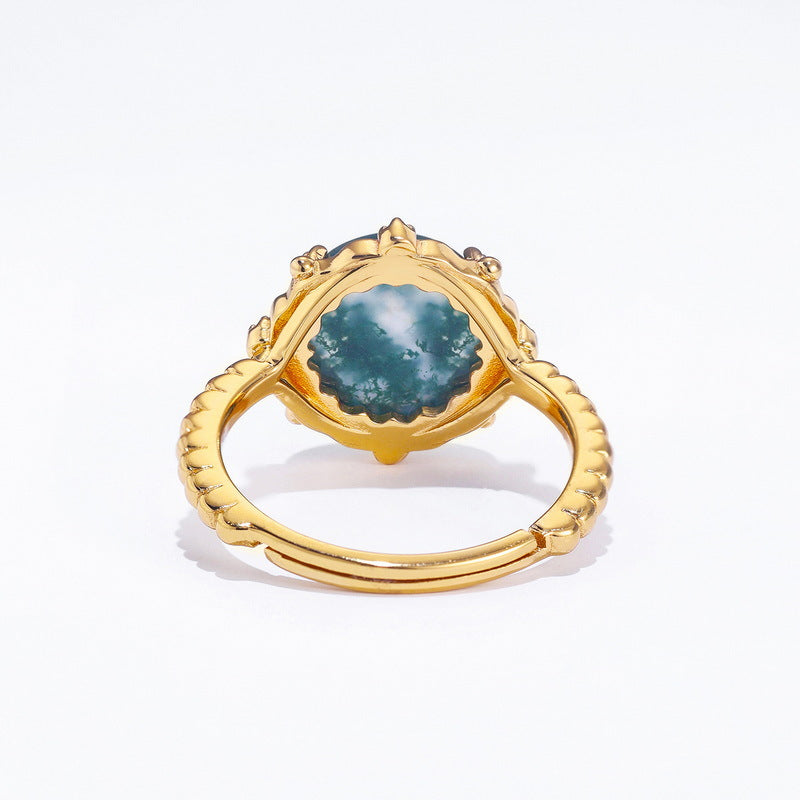 S925 Sterling Silver Jewelry Ring Natural Moss Agate Gemstone Gold Plating Fashion Rings