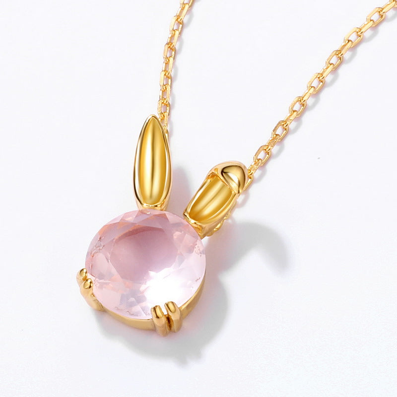 S925 Sterling Silver Jewelry Necklace Natural Rose Quartz Cute Rabbit Charms Choker Necklace