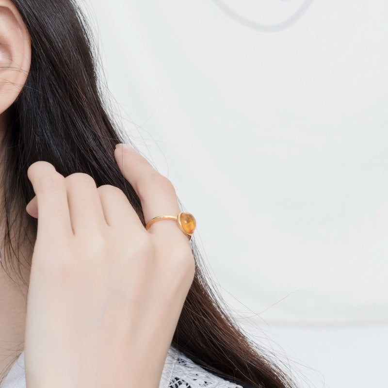 S925 Sterling Silver Jewelry Ring Natural Amber Geometric Round Style Simple Luxury Rings
