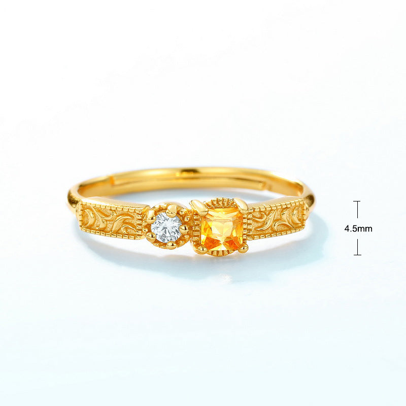 S925 Sterling Silver Jewelry Ring Natural Citrine Gemstone Geometric Style Simple Luxury Rings