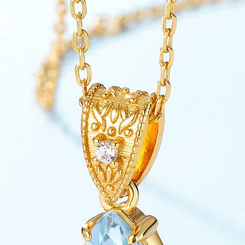 S925 Sterling Silver Jewelry Pendants Natural Sky Blue Topaz Water Drop Style Necklace Charms