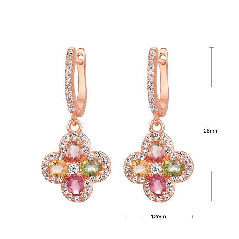 S925 Sterling Silver Jewelry Earrings Natural Tourmaline Gemstone Clover Style Earrings