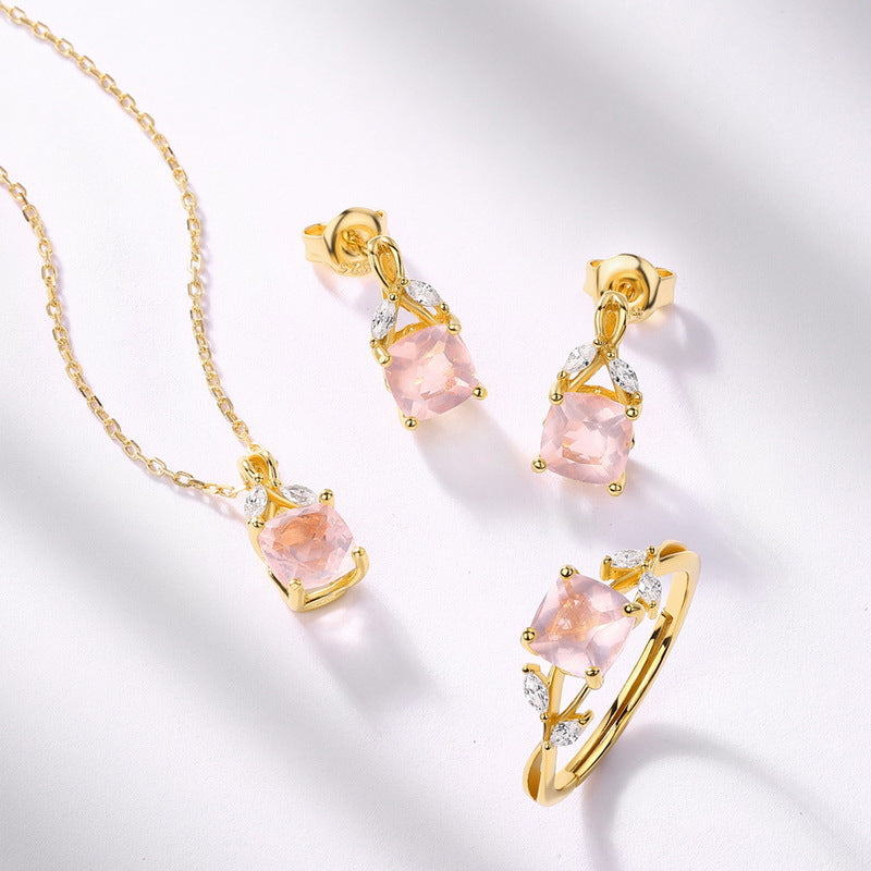 S925 Sterling Silver Jewelry Earrings Natural Rose Quartz Gemstone Luxury Earrings