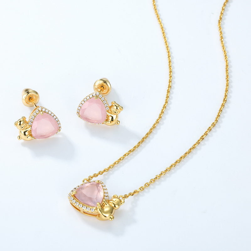 S925 Sterling Silver Jewelry Earrings Natural Rose Quartz Little Bear Triangle Style Earrings