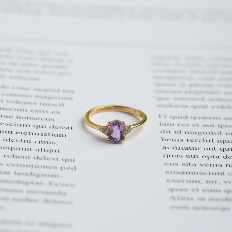 S925 Sterling Silver Jewelry Ring Natural Amethyst Gemstone Gold Plating Rings