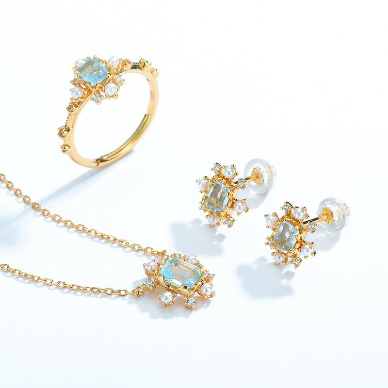 S925 Sterling Silver Jewelry Earrings Natural Sky Blue Topaz Gemstone Snowflake Stud Earrings