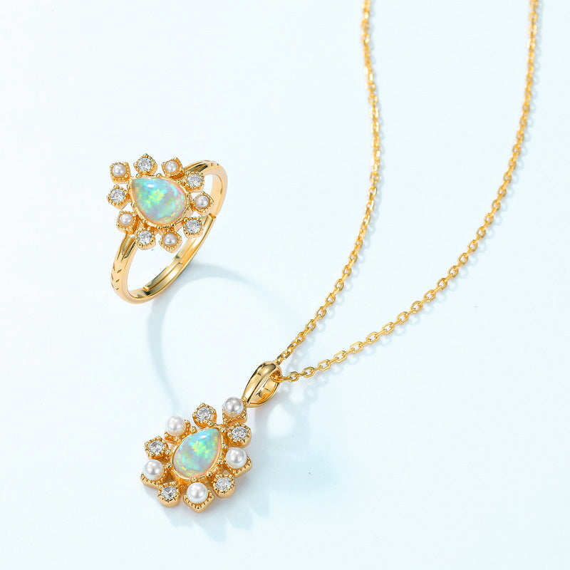 S925 Sterling Silver Jewelry Charms Gold Plating Opal Gemstone Choker Necklace Pendant