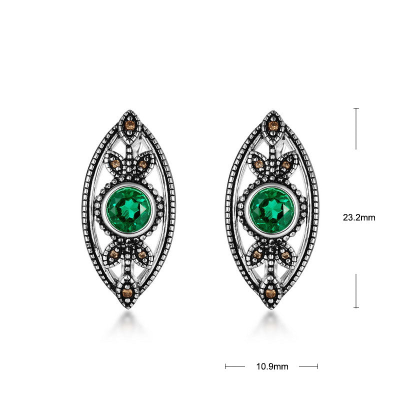 S925 Sterling Silver Jewelry Earrings Lab Grown Emerald Gemstone Vintage Leaf Style Earrings