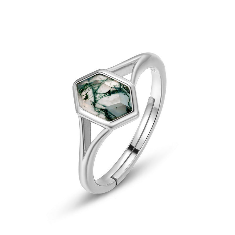 S925 Sterling Silver Jewelry Ring Natural Moss Agate Gemstone Geometric Simple Luxury Rings