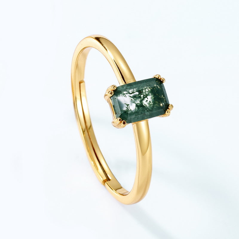 S925 Sterling Silver Jewelry Ring Natural Moss Agate Gemstone Gold Plating Stacking Rings