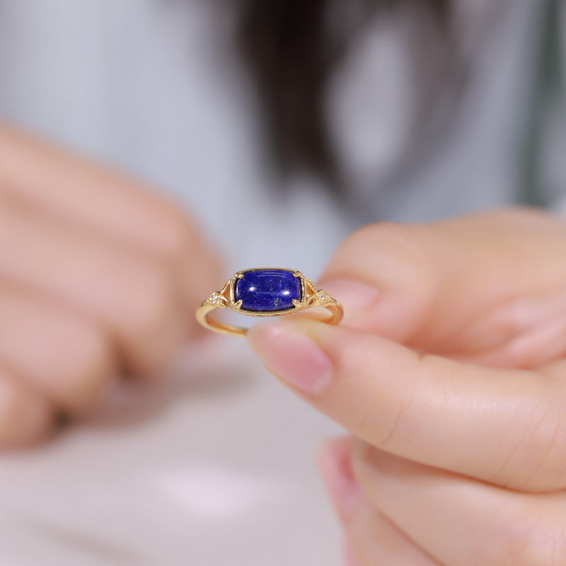 S925 Sterling Silver Jewelry Ring Natural Lapis Lazuli Gemstone Vintage Style Elegant Rings