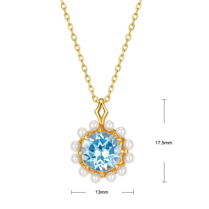 S925 Sterling Silver Jewelry Pendants Natural Sky Blue Topaz Gemstone Pearl Necklace Charms