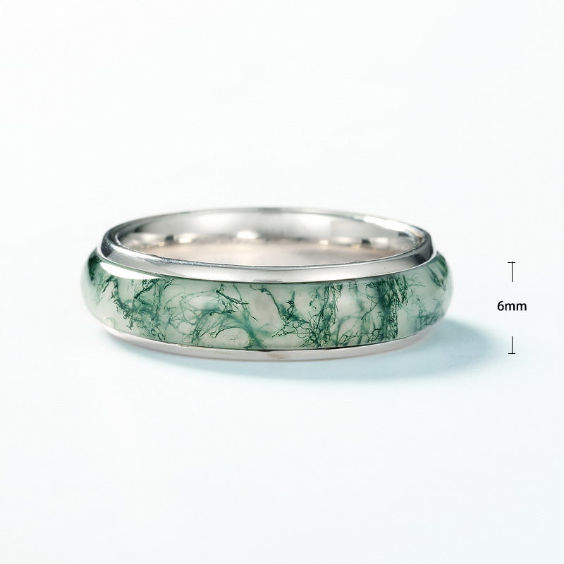 S925 Sterling Silver Jewelry Ring Natural Moss Agate Gemstone Fashion Band Rings