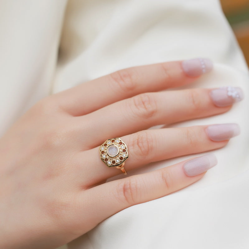 S925 Sterling Silver Jewelry Ring Natural Moonstone Gemstone Sunflower Style Luxury Rings