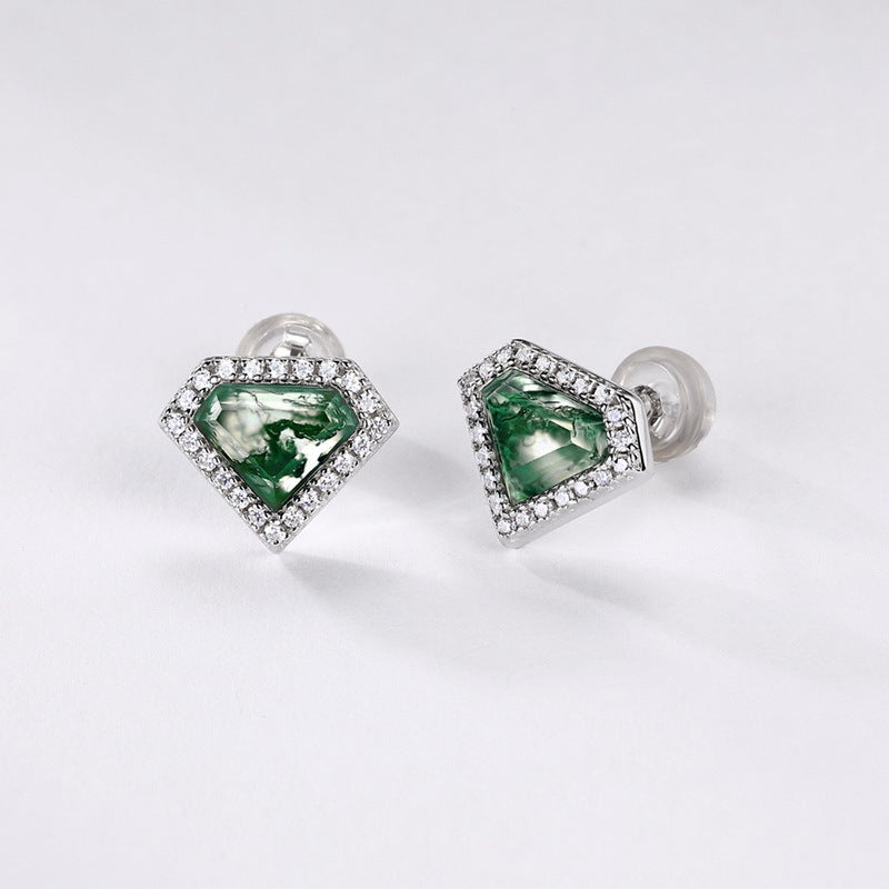 S925 Sterling Silver Jewelry Earrings Red Corundum Gemstone Shield Style Earrings