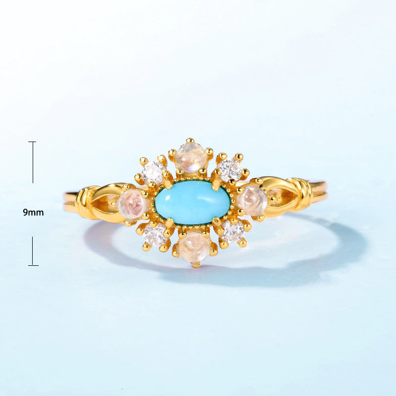 S925 Sterling Silver Jewelry Ring Natural Turquoise Gemstone Vintage Palace Style Rings