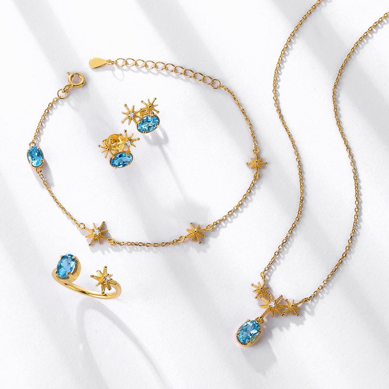 S925 Sterling Silver Jewelry Bracelets Natural Swiss Blue Topaz Gemstone Chain Bracelet