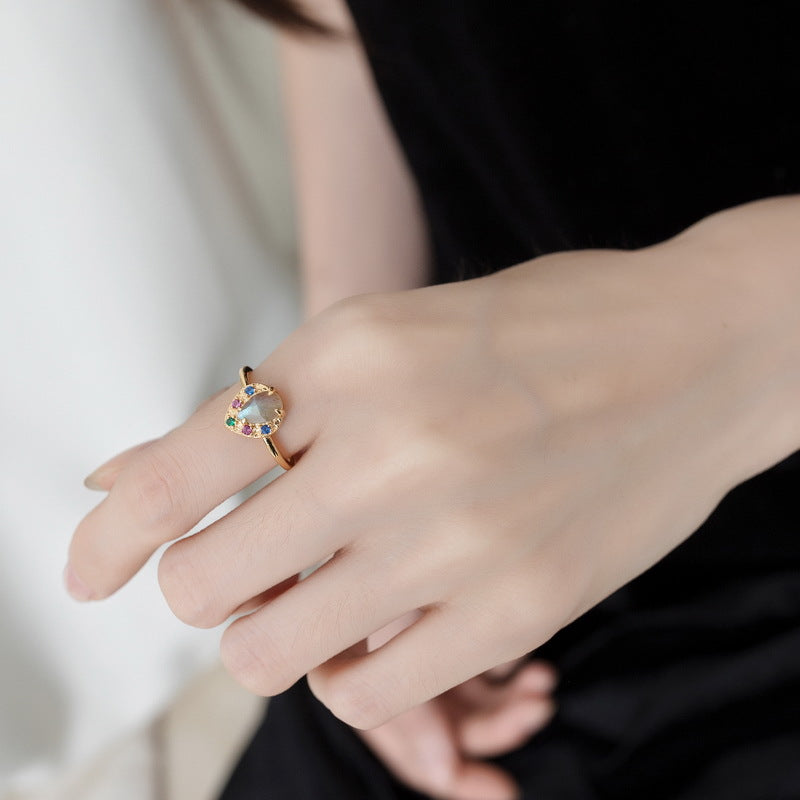 S925 Sterling Silver Jewelry Ring Natural Labradorite Gemstone Heart Style Simple Luxury Rings