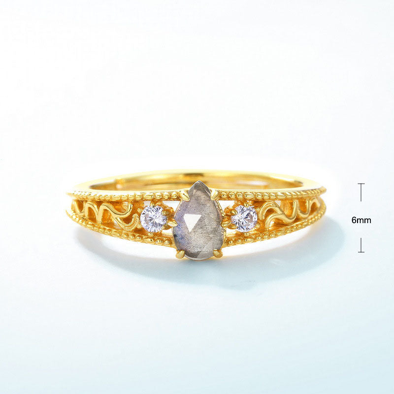 S925 Sterling Silver Jewelry Ring Natural Labradorite Gemstone Waterdrop Style Floral Lace Rings