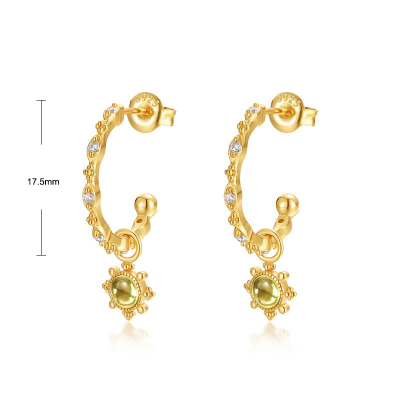S925 Sterling Silver Jewelry Earrings Peridot Gemstone Fashion Floral Style Hoop Earrings
