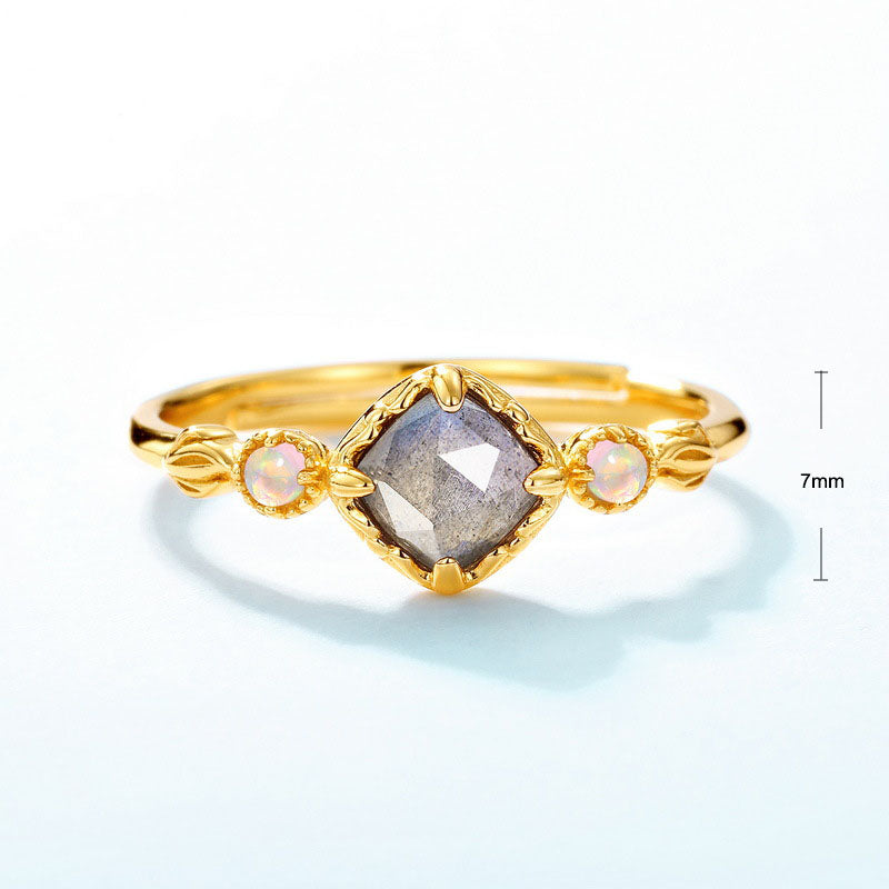 S925 Sterling Silver Jewelry Ring Natural Labradorite Gemstone Geometric Style Luxury Rings