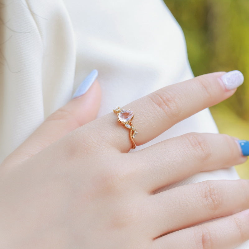 S925 Sterling Silver Jewelry Ring Natural Rose Quartz Gemstone Champagne Gold Plating Rings