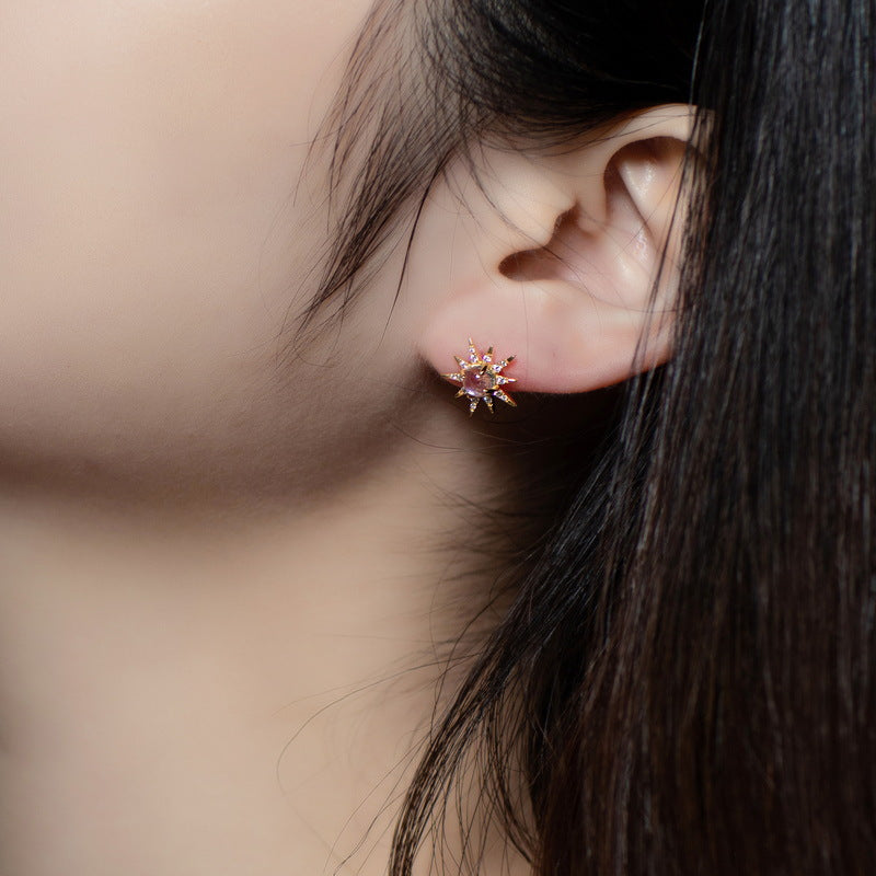 S925 Sterling Silver Jewelry Earrings Natural Moonstone Gemstone Star Style Stud Earrings