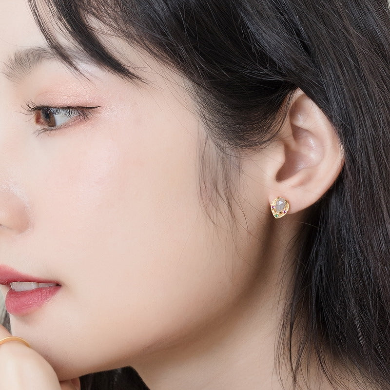 S925 Sterling Silver Jewelry Earrings Natural Labradorite Gemstone Golden Leaf Stud Earrings