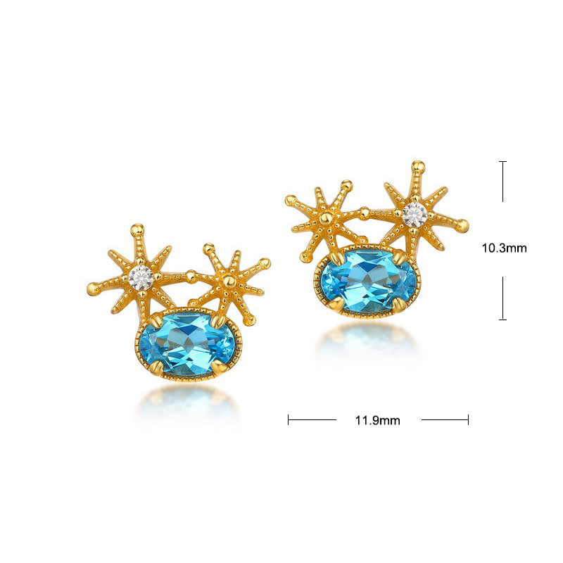 S925 Sterling Silver Jewelry Earrings Natural Swiss Blue Topaz Gemstone Star Style Stud Earrings