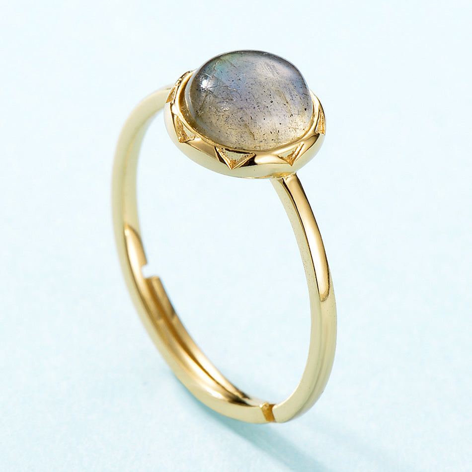 S925 Sterling Silver Jewelry Ring Natural Labradorite Gemstone Round Style Simple Luxury Rings