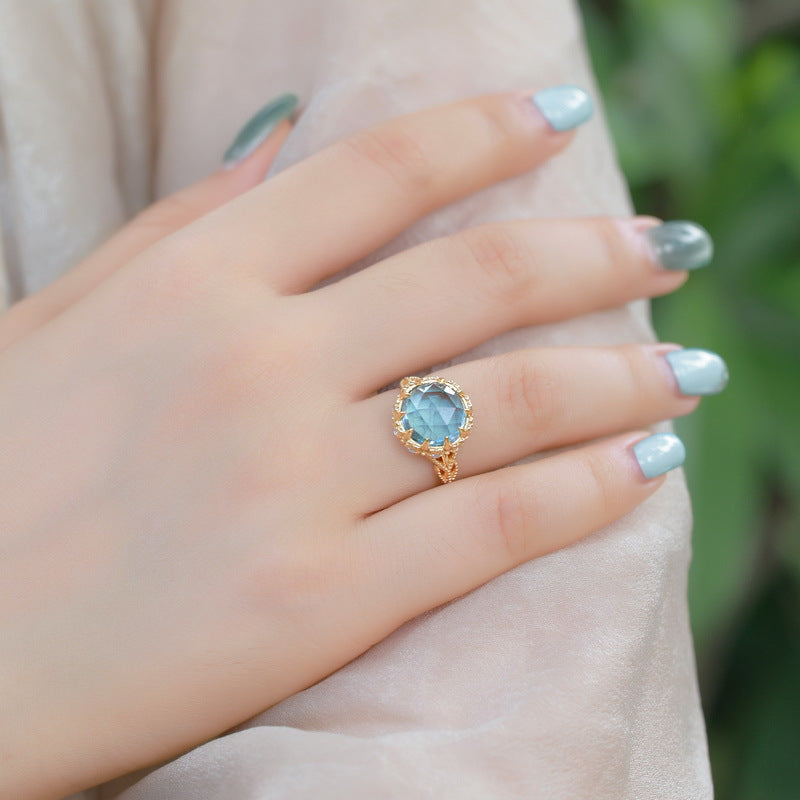 S925 Sterling Silver Jewelry Ring Natural Sky Blue Topaz Gemstone Luxury Palace Style Rings