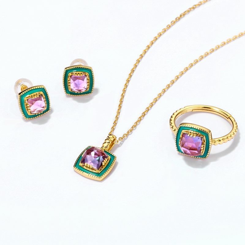 S925 Sterling Silver Jewelry Pendants Natural Amethyst Gemstone Enamel Necklace Charms