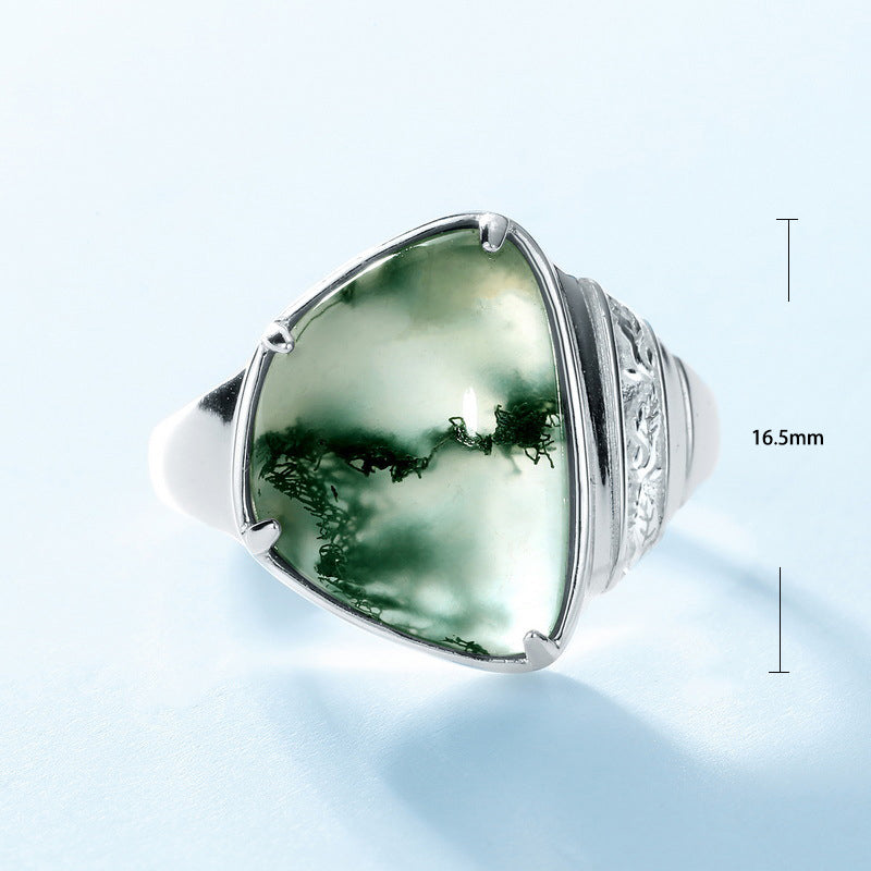 S925 Sterling Silver Jewelry Ring Natural Moss Agate Gemstone Irregular Vintage Style Rings