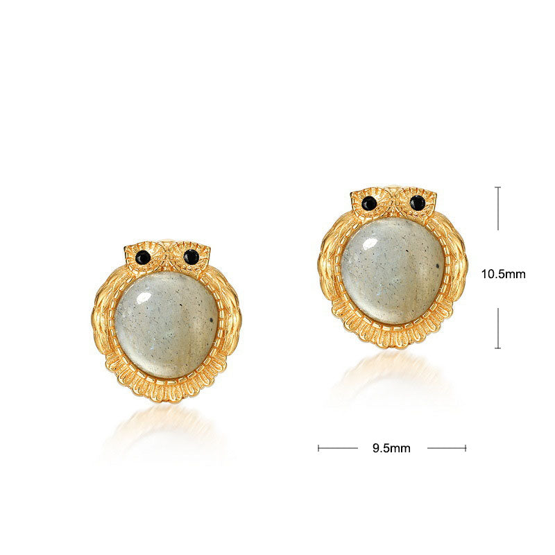 S925 Sterling Silver Jewelry Earrings Natural Labradorite Gemstone Cute Owl Style Earrings