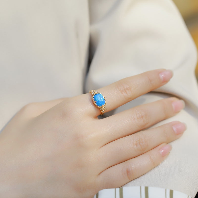 S925 Sterling Silver Jewelry Gold Plating Blue Opal Gemstone Vintage Style Rings