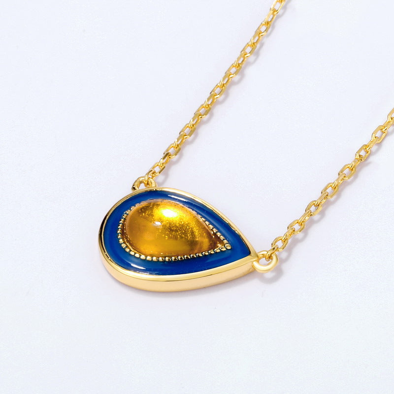 S925 Sterling Silver Jewelry Necklace Natural Amber Enamel Water Drop Style Charms Necklaces