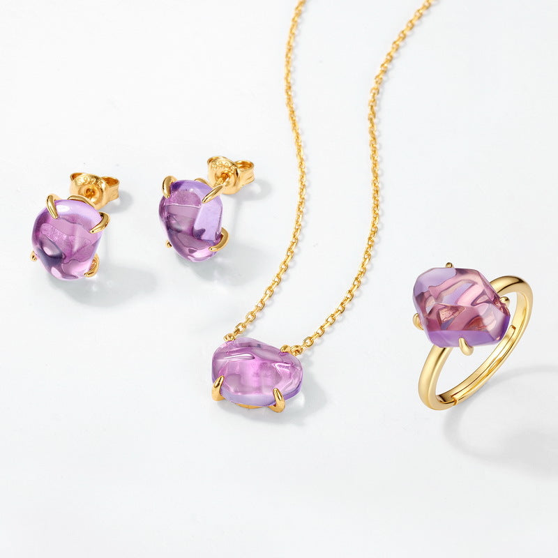S925 Sterling Silver Jewelry Necklace Natural Amethyst Gemstone Irregular Style Necklaces
