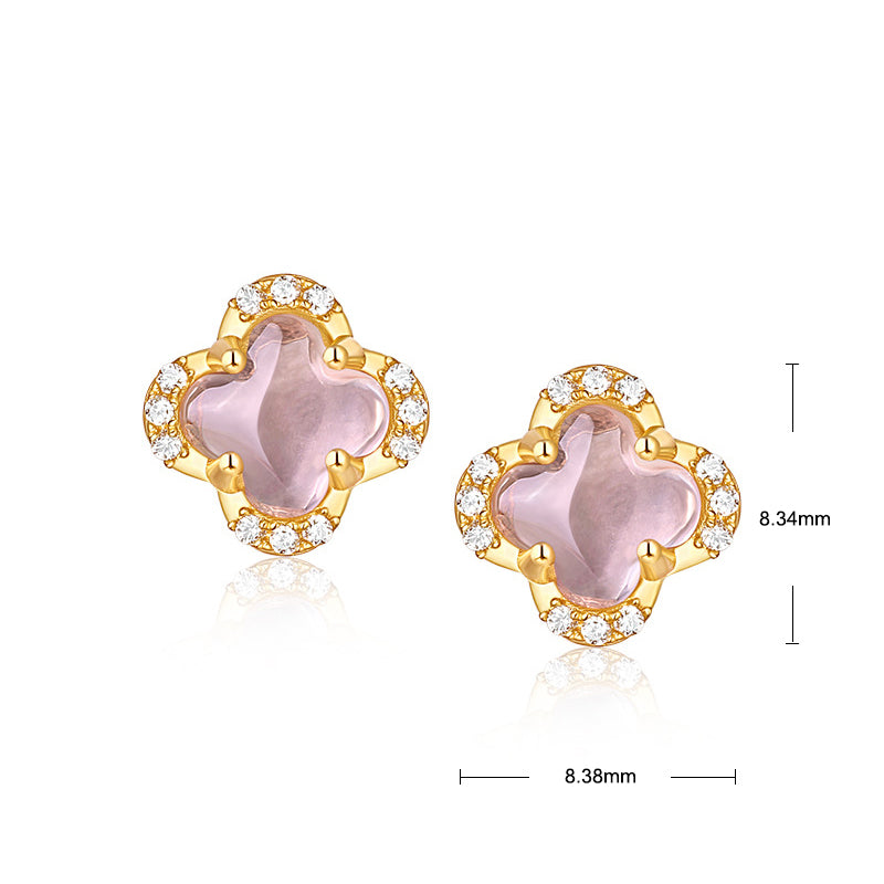 S925 Sterling Silver Jewelry Earrings Natural Rose Quartz Lucky Clover Style Stud Earrings