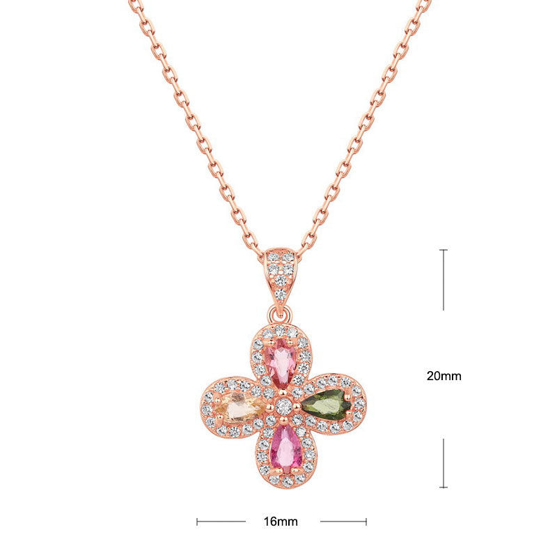 S925 Sterling Silver Jewelry Pendants Natural Tourmaline Gemstone Clover Necklace Charms