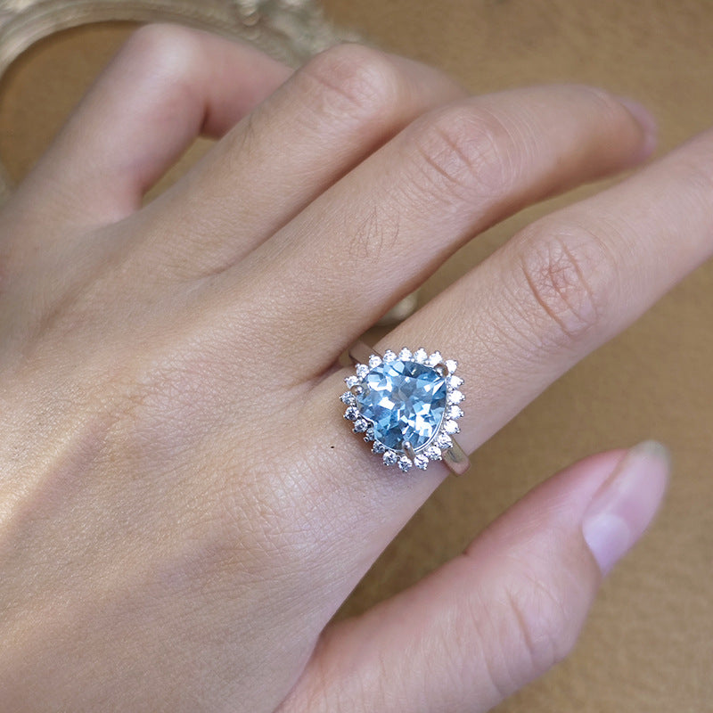 S925 Sterling Silver Jewelry Ring Natural Swiss Blue Topaz Gemstone Heart Style Luxury Rings