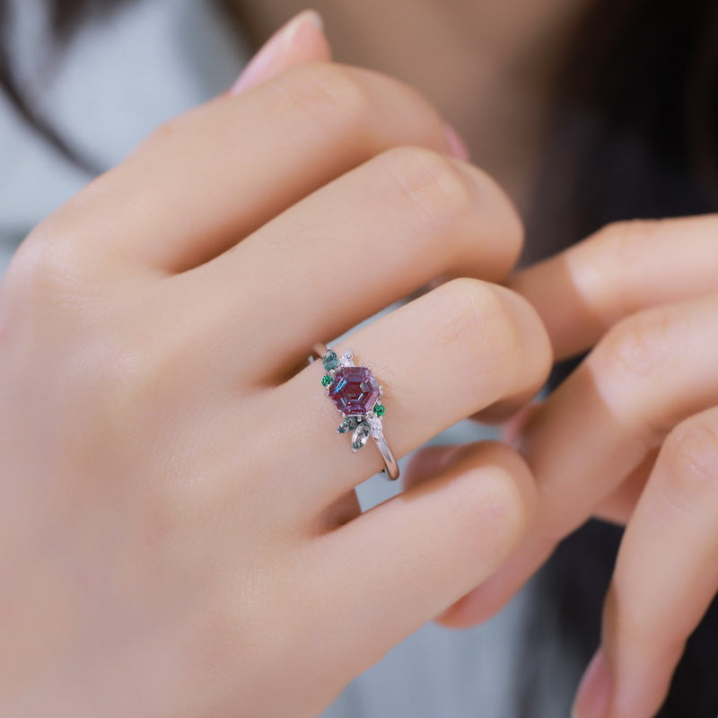 S925 Sterling Silver Jewelry Ring Alexandrite Gemstone Fashion Floral Style Rings