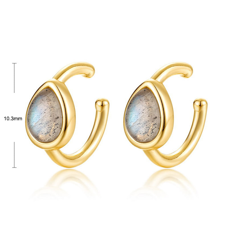 S925 Sterling Silver Jewelry Earrings Natural Labradorite Gemstone Waterdrop Style Ear Clips