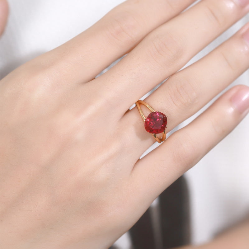 S925 Sterling Silver Jewelry Ring Red Corundum Gemstone Geometric Style Luxury Rings