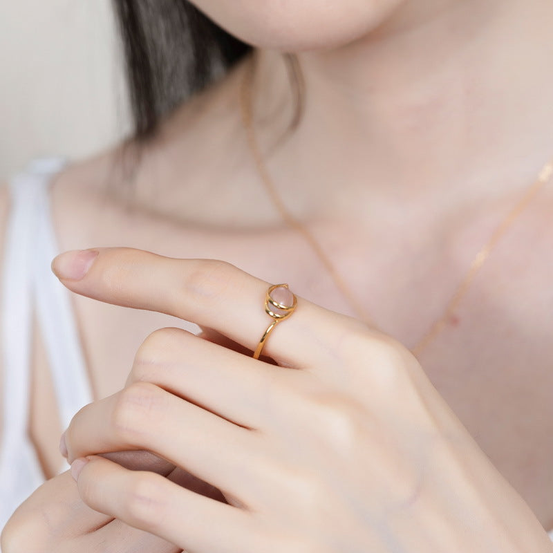 S925 Sterling Silver Jewelry Ring Natural Rose Quartz Gemstone Water Drop Style Rings