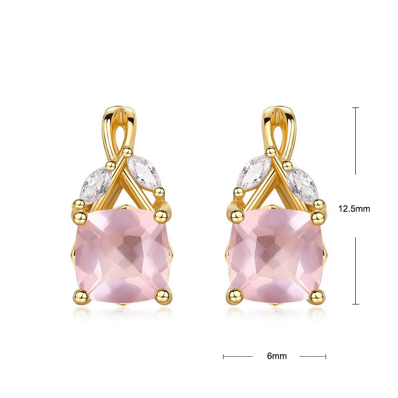 S925 Sterling Silver Jewelry Earrings Natural Rose Quartz Gemstone Luxury Earrings