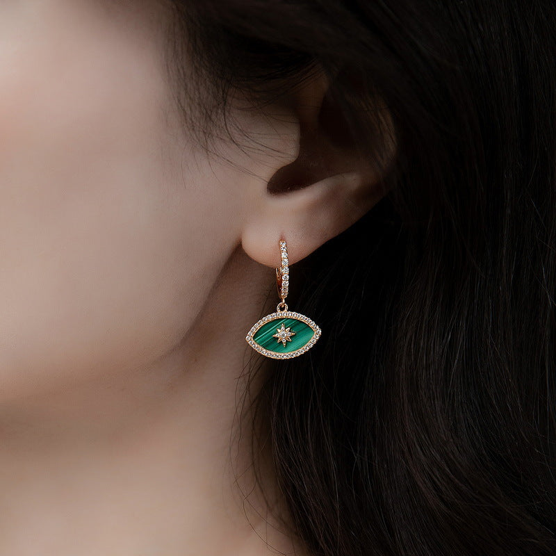 S925 Sterling Silver Jewelry Earrings Natural Malachite Gemstone Eye Style Fashion Drop Earrings