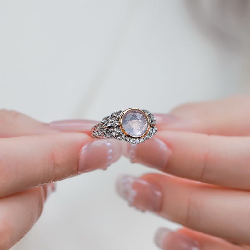 S925 Sterling Silver Jewelry Ring Natural Rose Quartz Gemstone Vintage Style Rings